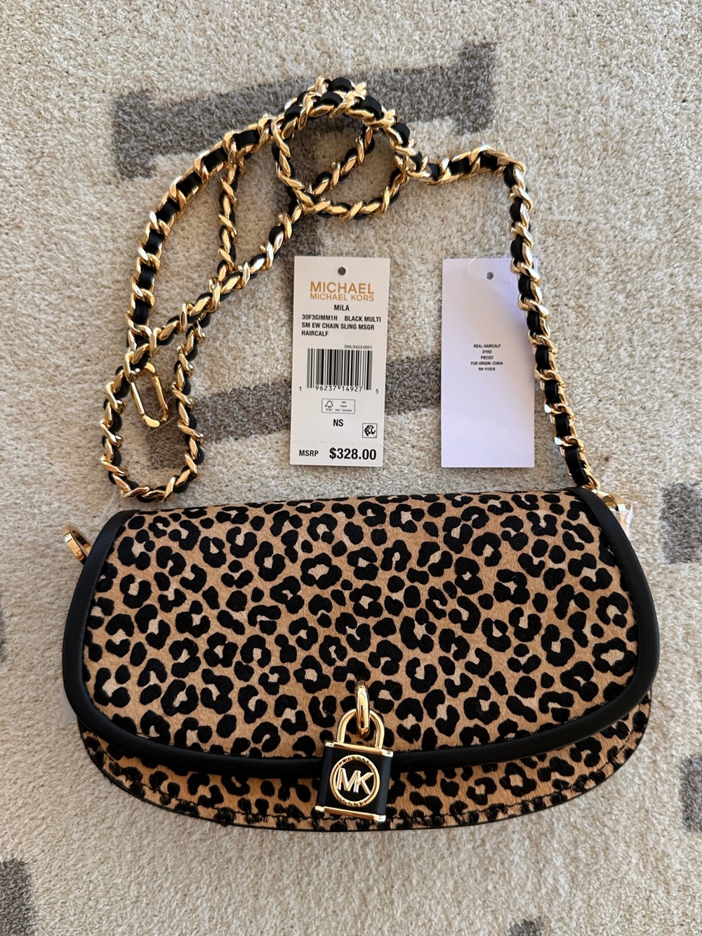 Michael Kors Leopard Print Crossbody in Tan and Black with Gold Lock